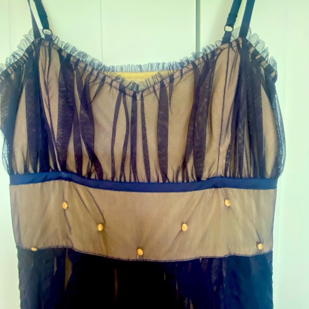 Blue lace with tan lining cocktail dress